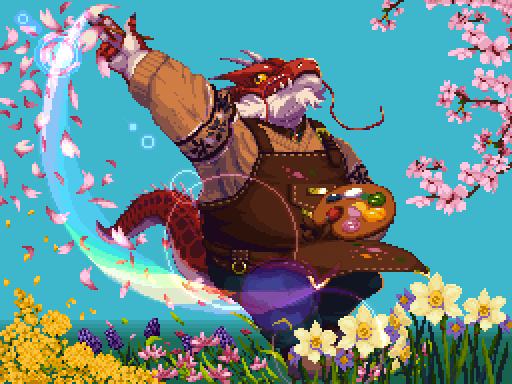 1boy, beard, blue_background, cherry_blossoms, commentary_request, dragon_boy, dragon_tail, facial_hair, fat, fat_man, field, flower, flower_field, full_body, furry, furry_male, horns, itzamna_(housamo), looking_at_object, male_focus, nanadragon4, palette_(object), partial_commentary, pixel_art, rainbow, smile, solo, tail, tokyo_afterschool_summoners