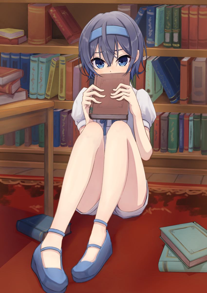 1girl, absurdres, abysyumi, bare_legs, blue_eyes, blue_footwear, blue_hair, blue_hairband, book, book_stack, bookshelf, cevio, commentary, covering_mouth, furrowed_brow, hairband, highres, holding, holding_book, indoors, library, puffy_short_sleeves, puffy_sleeves, rug, shirt, short_hair, short_shorts, short_sleeves, shorts, solo, suzuki_tsudumi, white_shirt, white_shorts, wooden_floor