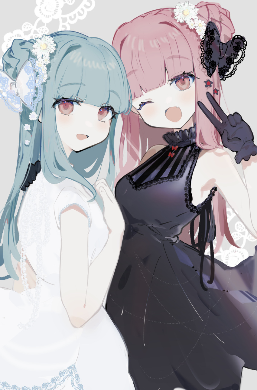 2girls, absurdres, bangs, bare_arms, black_bow, black_dress, black_gloves, blue_hair, blunt_bangs, bow, butterfly_bowtie, commentary, dress, fang, flower, gloves, grey_background, hair_bow, hair_flower, hair_ornament, hand_on_another's_shoulder, highres, imamiya_pinoko, kotonoha_akane, kotonoha_aoi, lace-trimmed_bow, lace_trim, multiple_girls, one_eye_closed, open_mouth, pink_hair, red_eyes, siblings, sisters, skin_fang, sleeveless, sleeveless_dress, smile, v, voiceroid, white_bow, white_dress, white_flower