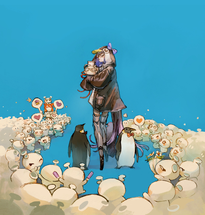 2girls, absurdres, animal_hood, bird, blue_background, bouquet, bow, bowtie