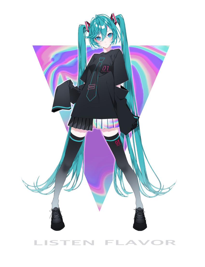 1055, 1girl, absurdres, aqua_eyes, aqua_hair, black_footwear, black_legwear, black_shirt