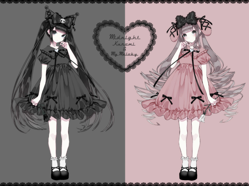 1055, 2girls, :o, absurdres, animal_ears, bangs, bare_arms, black_bow, black_dress, black_eyes, black_flower, black_footwear, black_hair, black_nails, black_ribbon, black_rose, blunt_bangs, border, bow, brooch, cat_ears, character_name, cross-laced_clothes, dress, drill_hair, ear_ribbon, english_text, fingernails, flower, frilled_dress, frilled_legwear, frills, full_body, gem, grey_background, grey_hair, hair_ornament, hand_up, head_tilt, heart, heart_brooch, highres, holding, holding_flower, jewelry, kuromi, lace-trimmed_bow, lace-trimmed_dress, lace_trim, long_fingernails, long_hair, looking_at_viewer, mary_janes, matching_outfit, multiple_girls, my_melody, neck_ribbon, onegai_my_melody, parted_lips, personification, pink_dress, puffy_short_sleeves, puffy_sleeves, rabbit_ears, ribbon, rose, shoes, short_sleeves, sidelocks, simple_background, skull_hair_ornament, socks, standing, straight_hair, symmetrical_pose, twin_drills, twintails, very_long_hair, white_flower, white_rose