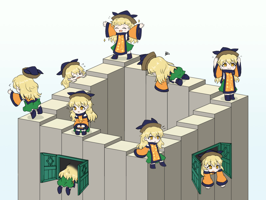 >_<, :o, ?, arms_up, bangs, blonde_hair, boots, chibi, constellation_print, crying, detached_sleeves, door, eyebrows_visible_through_hair, falling, green_skirt, hat, highres, kneeling, long_hair, long_skirt, matara_okina, multiple_girls, razania, simple_background, sitting, skirt, stairs, tabard, touhou, white_background, yellow_eyes