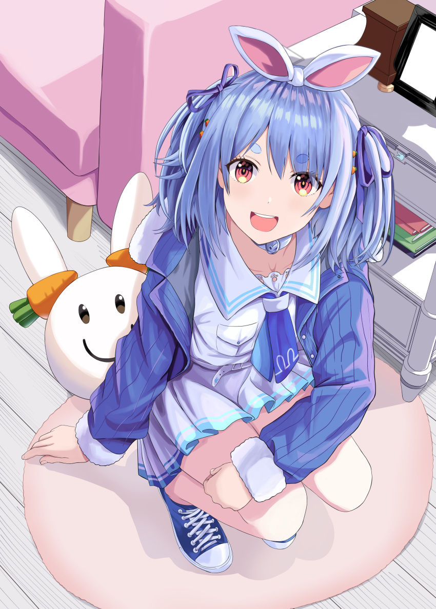 1girl, :d, absurdres, ascot, bangs, blue_ascot, blue_footwear, blue_hair