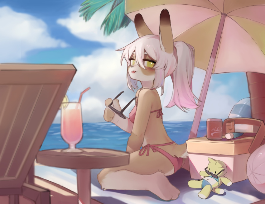 1girl, :p, animal_ears, beach, beach_chair, beach_towel, between_legs, bikini, blush, brown_fur, clouds, cooler, crayon_(crayon1006), cup, day, drinking_glass, drinking_straw, food, from_side, fruit, furry, gradient_hair, hair_between_eyes, hand_between_legs, holding, holding_eyewear, horizon, innertube, lemon, lemon_slice, looking_back, multicolored_fur, multicolored_hair, ocean, original, pink_bikini, pink_hair, ponytail, rabbit_ears, rabbit_girl, rabbit_tail, side-tie_bikini, sitting, solo, stuffed_animal, stuffed_toy, sunglasses, swimsuit, symbol-only_commentary, tail, tail_through_clothes, tongue, tongue_out, towel, umbrella, wariza, yellow_eyes