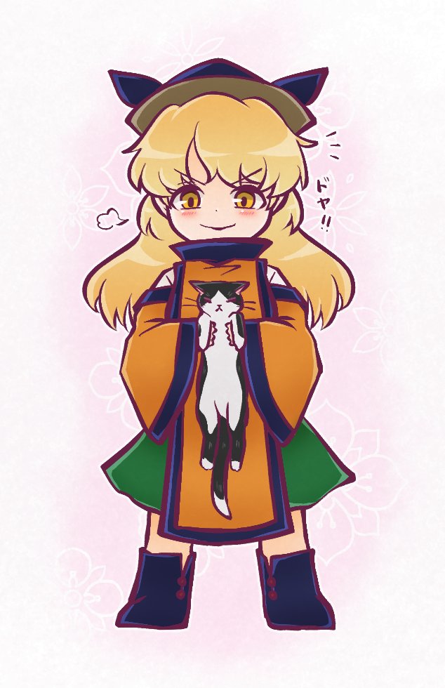 1girl, animal, black_headwear, blonde_hair, blush, boots, cat, detached_sleeves