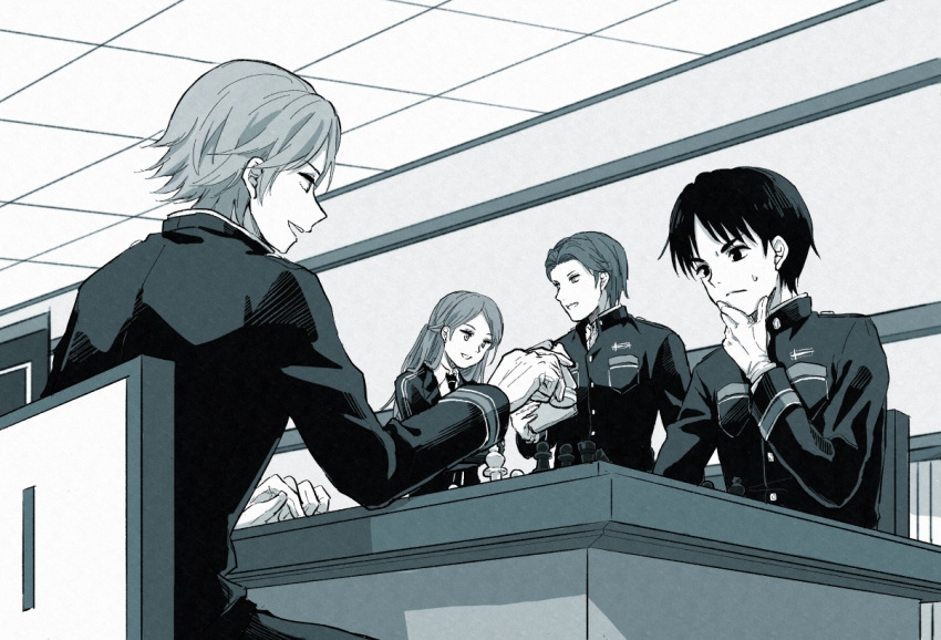 bangs, breast_pocket, chess_piece, collared_shirt, gloves, half_updo, hand_on_own_chin, hand_up