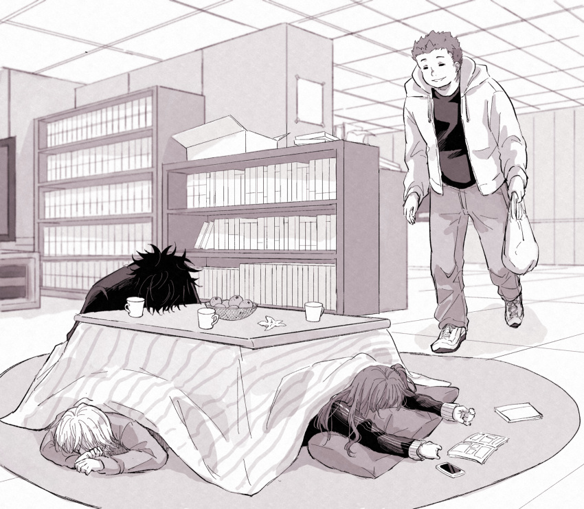 1girl, 3boys, ^_^, basket, book, bookshelf, box, cardboard_box