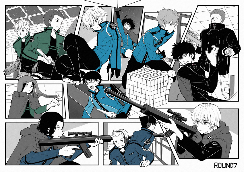 1girl, 6+boys, :d, =_=, absurdres, aiguillette, aiming, amatori_chika