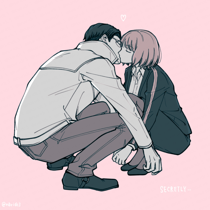1boy, 1girl, bangs, closed_eyes, collared_shirt, couple, dress_shirt, english_text, face-to-face, fujimaru_nono, full_body, glasses, heart, hetero, high_collar, highres, kiss, long_sleeves, monochrome, naridc3, o-ring, own_hands_together, pants, pantyhose, pencil_skirt, popped_collar, shirt, shoes, short_hair, simple_background, skirt, squatting, striped, striped_background, world_trigger, yuba_takuma