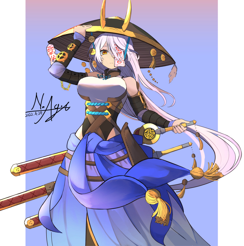1girl, blue_skirt, breasts, dated, detached_sleeves, dogmatika_fleurdelis_the_knighted, duel_monster, gradient, gradient_background, hand_on_hilt, highres, jingasa, large_breasts, long_hair, noagen, ofuda, one_eye_covered, signature, silver_hair, skirt, sword, the_iris_swordsoul, weapon, yellow_eyes, yu-gi-oh!