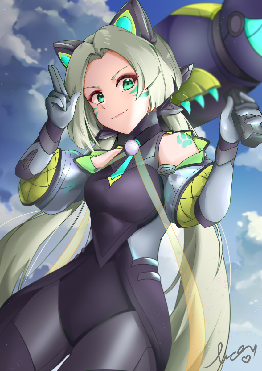 1girl, absurdres, animal_ears, bangs, bare_shoulders, battle_cat_jinx, blonde_hair, breasts