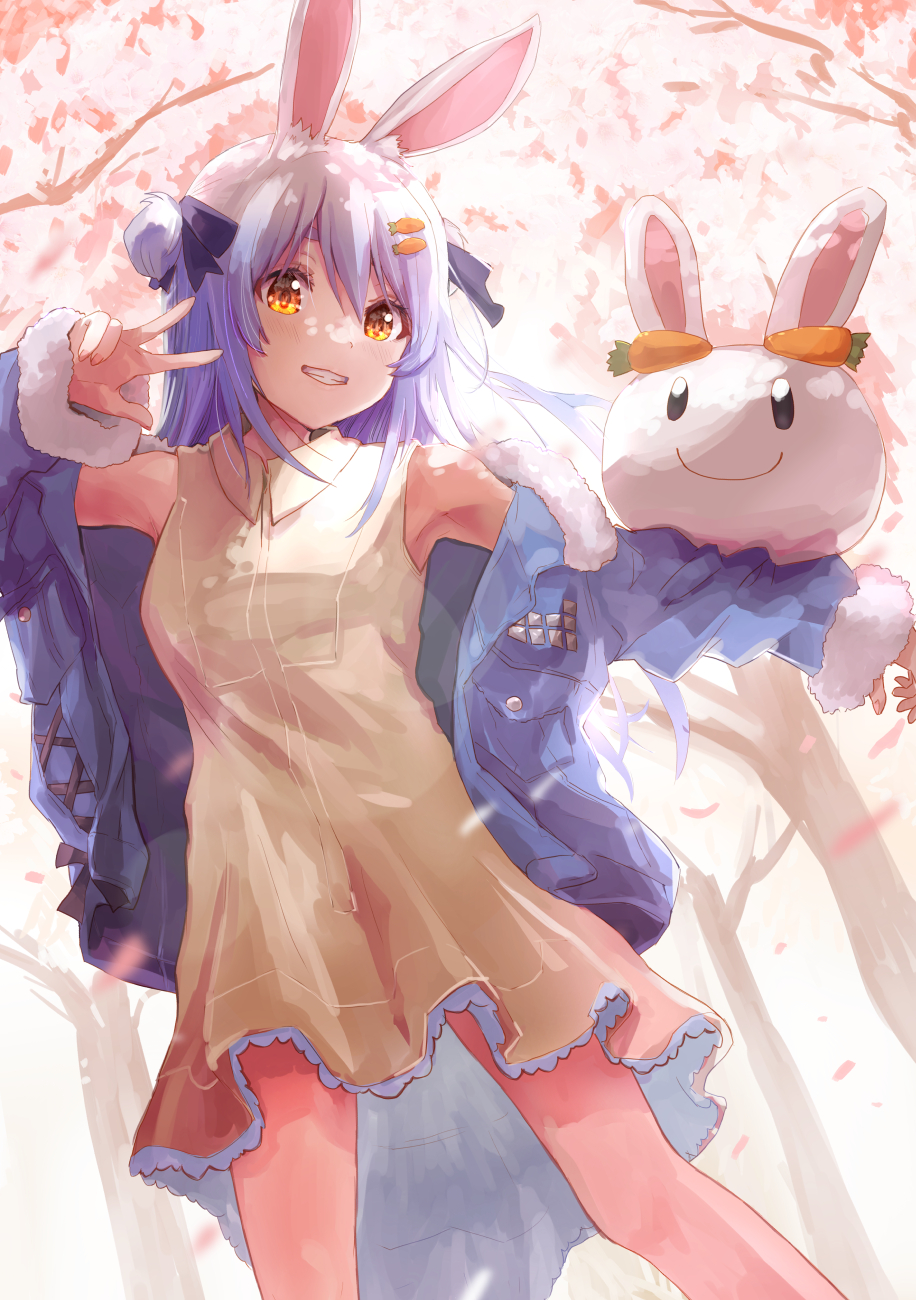 1girl, bangs, blue_hair, blue_jacket, carrot_hair_ornament, dress, etomina, food-themed_hair_ornament