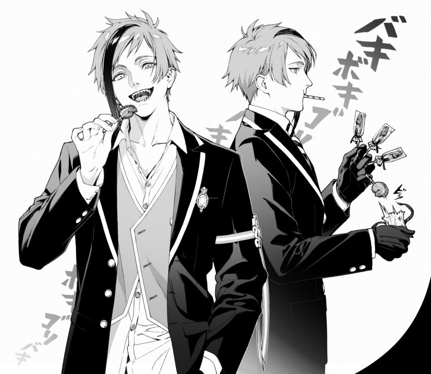 2boys, armband, between_fingers, blazer, brothers, candy, collared_shirt, dress_shirt, eating, floyd_leech, food, food_in_mouth, food_wrapper, hand_in_pocket, hand_up, hands_up, head_tilt, heterochromia, highres, holding, holding_candy, holding_food, inuhaneteru, jacket, jade_leech, lollipop, long_sleeves, looking_at_viewer, looking_away, male_focus, mouth_hold, multicolored_hair, multiple_boys, necktie, open_clothes, open_jacket, partially_unbuttoned, profile, sharp_teeth, shirt, short_hair, siblings, simple_background, smile, streaked_hair, striped_necktie, teeth, tongue, twins, twisted_wonderland, unbuttoned, untucked_shirt, unwrapping, upper_body, vest, world_trigger