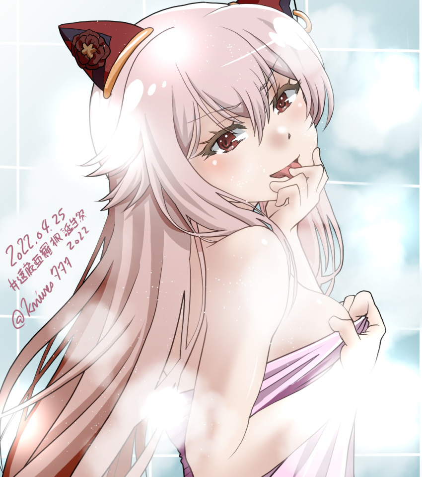 1girl, assault_lily, bangs, bare_arms, bare_shoulders, bathroom, breasts, commentary_request