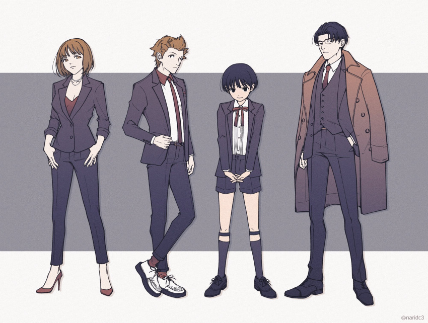 2boys, 2girls, arm_at_side, bangs, black_footwear, black_hair, black_jacket, black_legwear, black_pants, black_vest, bob_cut, bow, bowtie, brown_coat, brown_hair, clothes_grab, coat, coat_on_shoulders, collared_shirt, crossed_legs, dress_shirt, formal, fujimaru_nono, full_body, glasses, hand_in_pocket, hands_in_pockets, high_heels, highres, jacket, jewelry, kneehighs, legs_apart, lineup, long_sleeves, multiple_boys, multiple_girls, naridc3, necklace, necktie, obishima_yukari, own_hands_together, pants, parted_bangs, red_bow, red_bowtie, red_footwear, red_legwear, red_necktie, red_shirt, shirt, shoes, short_hair, sleeves_pushed_up, smile, sock_garters, standing, stiletto_heels, suit, thumb_in_pocket, tonooka_kazuto, twitter_username, vest, white_footwear, white_shirt, world_trigger, yuba_takuma
