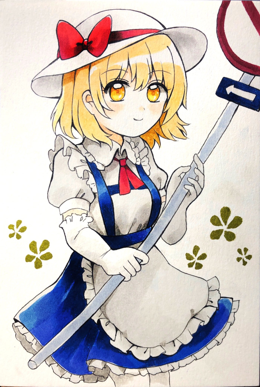 1girl, apron, blonde_hair, blouse, blue_skirt, bow, closed_mouth, collared_shirt