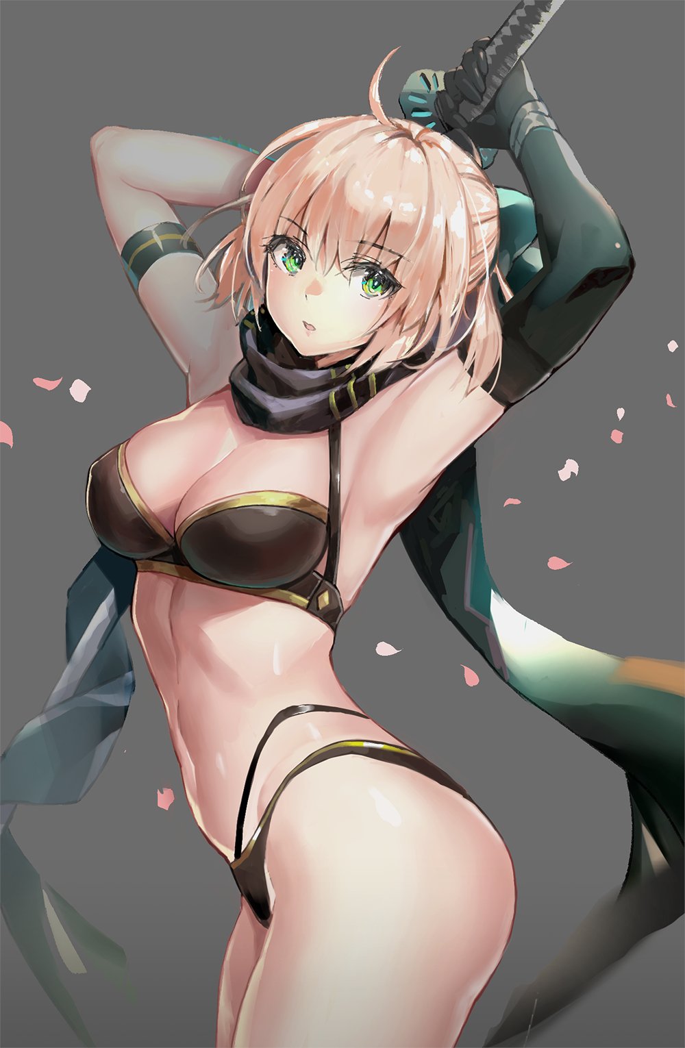 1girl, ahoge, arms_up, bikini, black_bikini, breasts, elbow_gloves, fate/grand_order