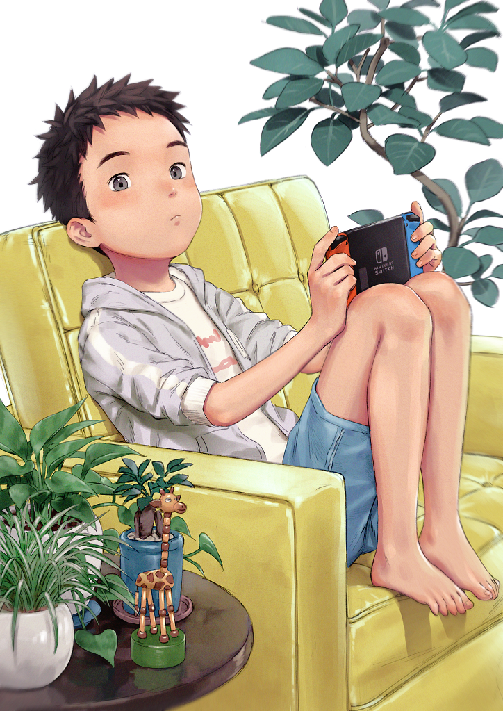 1boy, b_gent, bare_legs, barefoot, black_hair, child, closed_mouth, commentary_request