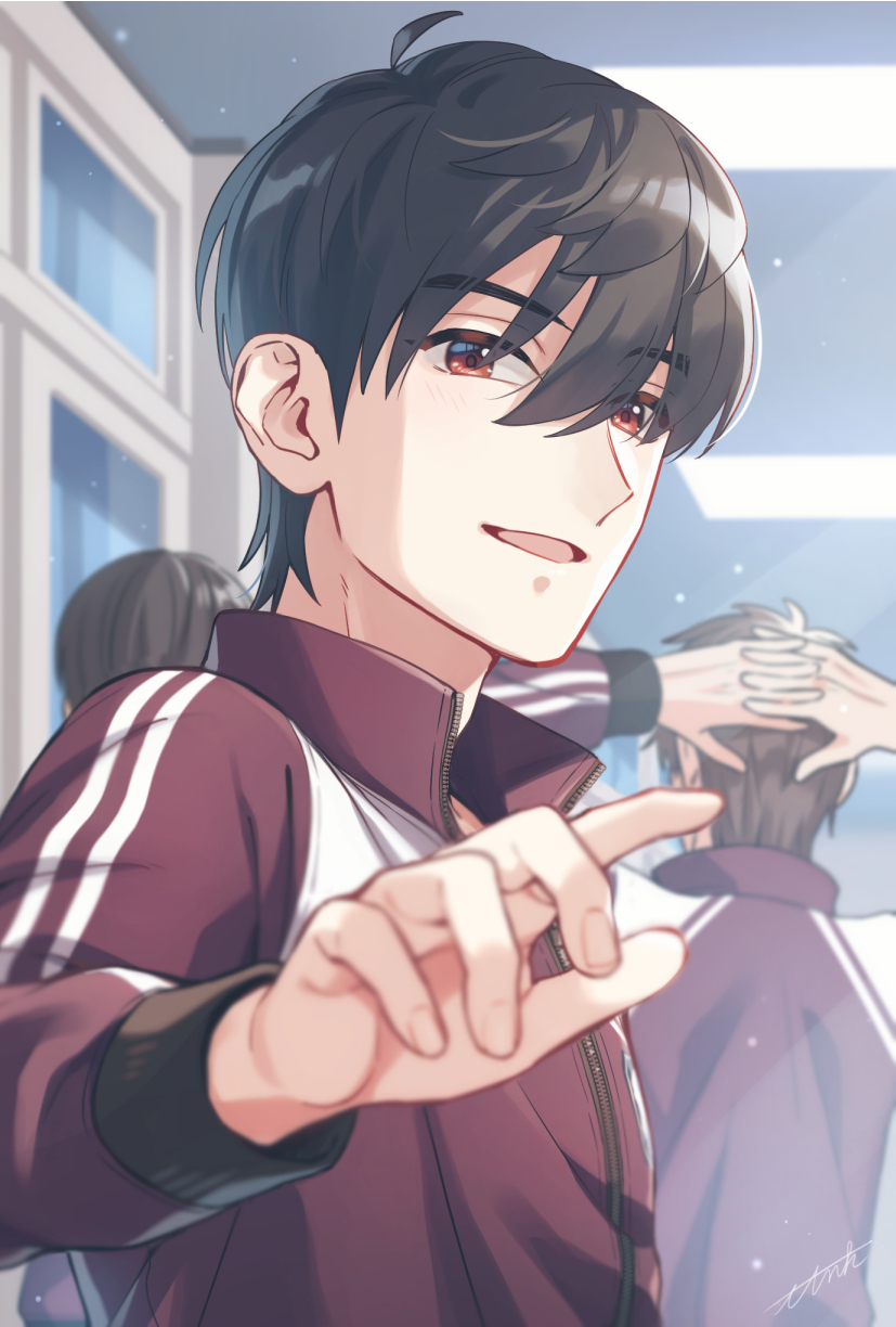 3boys, bangs, black_hair, brown_hair, day, facing_away, from_behind, gym_uniform