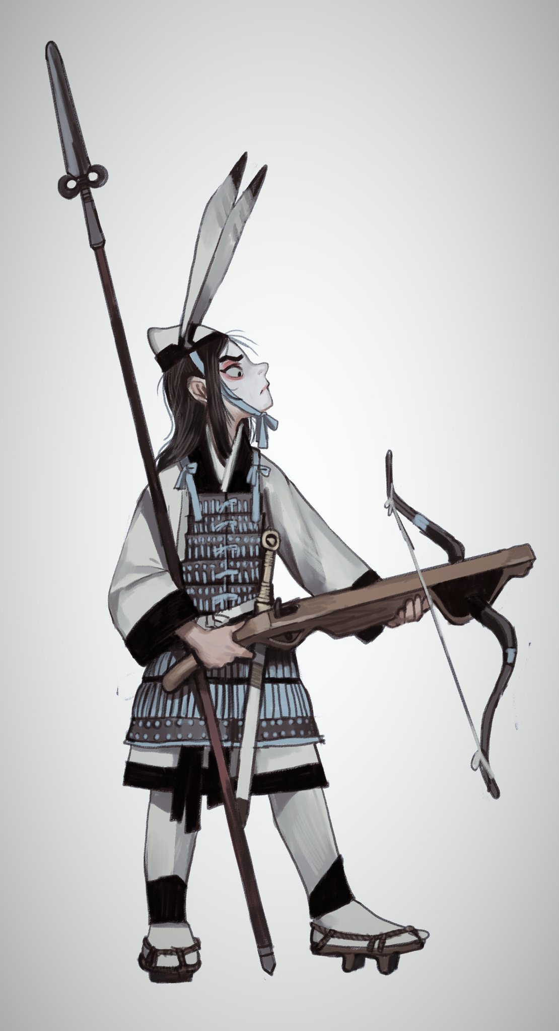 1other, androgynous, armor, black_eyes, brown_hair, closed_mouth, colored_skin, crossbow