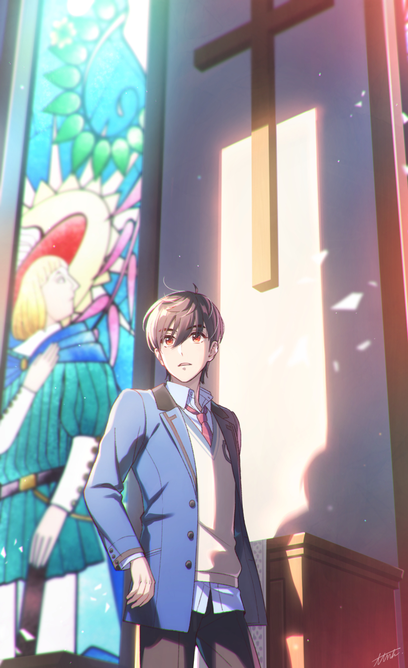 1boy, arms_at_sides, bangs, black_hair, black_pants, blazer, blue_jacket, blue_shirt