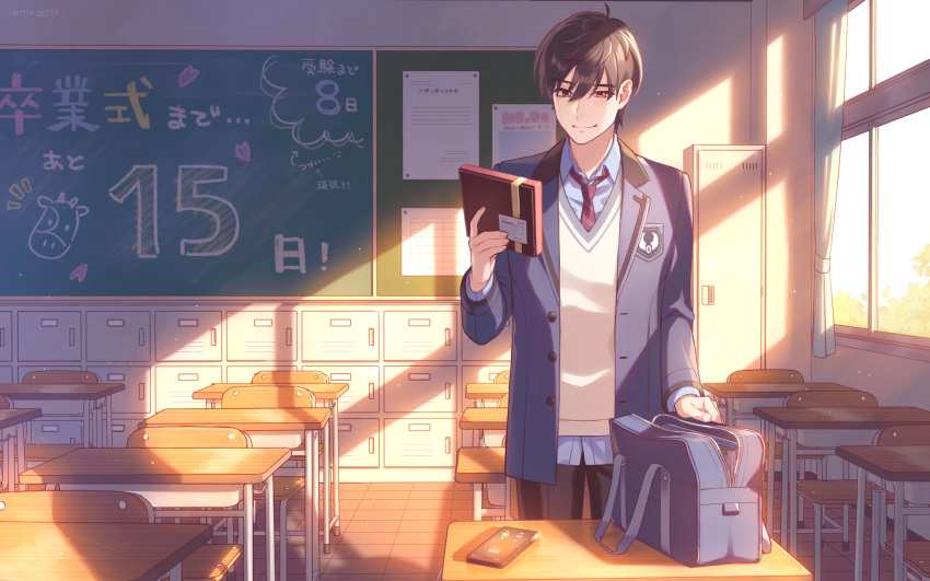 1boy, bag, bangs, black_hair, black_pants, blazer, blue_jacket, blue_shirt