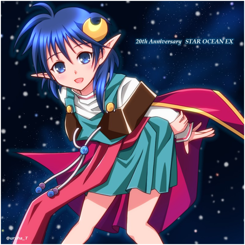 1girl, blue_eyes, blue_hair, cape, crescent, crescent_hair_ornament, hair_ornament, looking_at_viewer, miqture, open_mouth, pointy_ears, red_cape, rena_lanford, short_hair, skirt, smile, solo, space, star_ocean, star_ocean_the_second_story