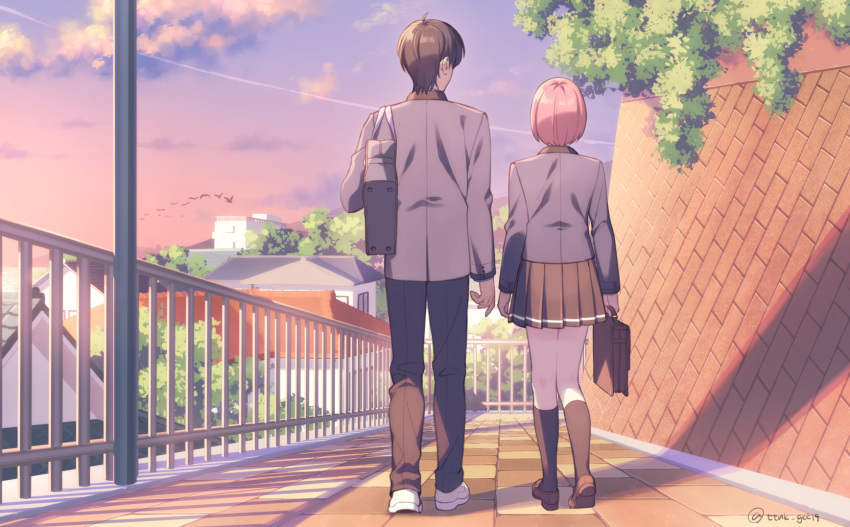 1boy, 1girl, arm_at_side, arms_at_sides, bag, black_hair, black_pants, black_skirt