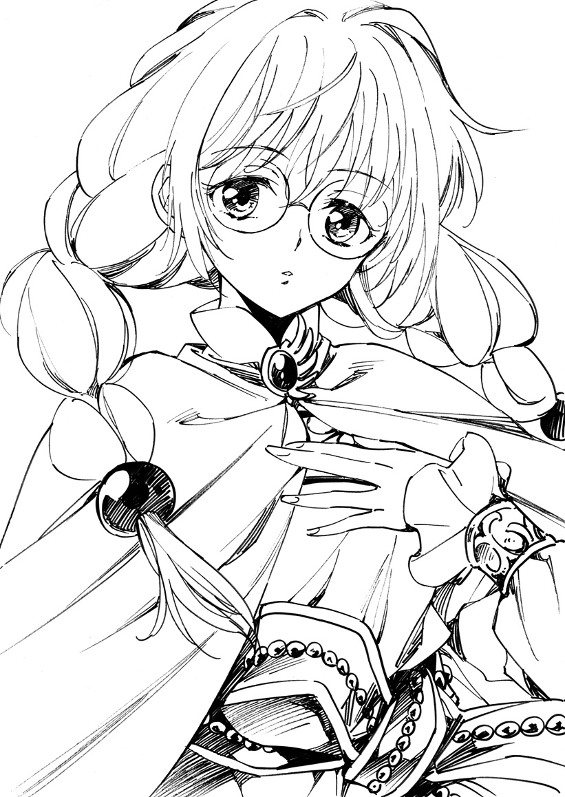 1girl, agahari, braid, brooch, cape, glasses, hair_over_shoulder, jewelry