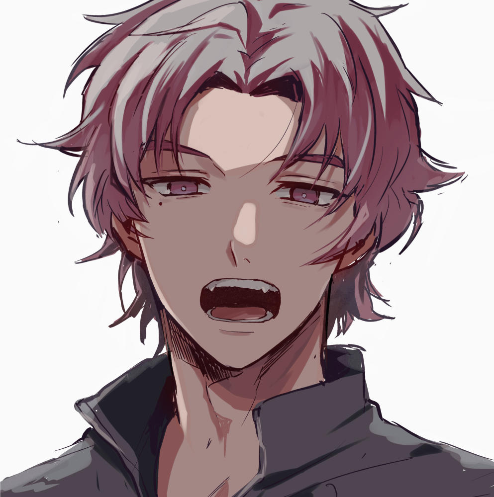 1boy, aju222, bangs, character_request, check_character, collared_shirt, fangs, male_focus