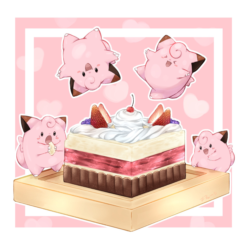 >_<, animal_focus, black_eyes, blank_eyes, blueberry, blush_stickers, border, cake, cherry, claws, clefairy, closed_eyes, commentary, cream, crumbs, eating, fangs, food, food_focus, food_on_face, fruit, full_body, happy, heart, heart_background, highres, holding, holding_food, ka_ei_volltis, looking_at_viewer, no_humans, open_mouth, outline, pink_background, pokemon, pokemon_(creature), smile, standing, strawberry, upside-down, white_border, white_outline