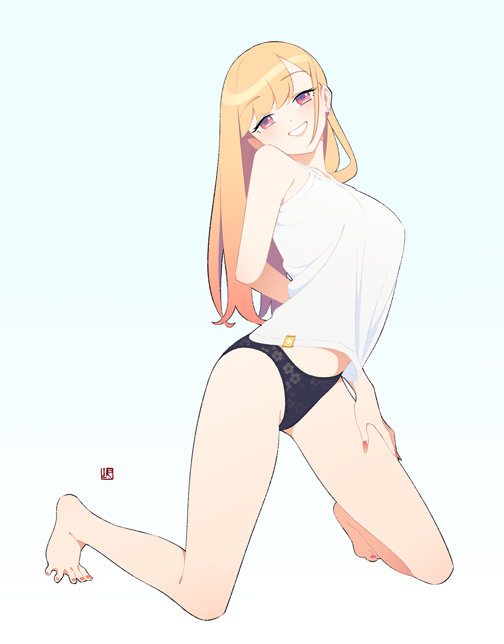 1girl, arm_behind_back, arm_on_thigh, bangs, bare_shoulders, barefoot, black_panties, blonde_hair, breasts, ear_piercing, earrings, floral_print, full_body, gradient, gradient_background, gradient_hair, head_tilt, highres, jewelry, kitagawa_marin, kneeling, long_hair, looking_at_viewer, medium_breasts, midriff_peek, multicolored_hair, nail_polish, panties, piercing, red_eyes, signature, smile, solo, sono_bisque_doll_wa_koi_wo_suru, tank_top, thighs, underwear, white_tank_top, yan_wan