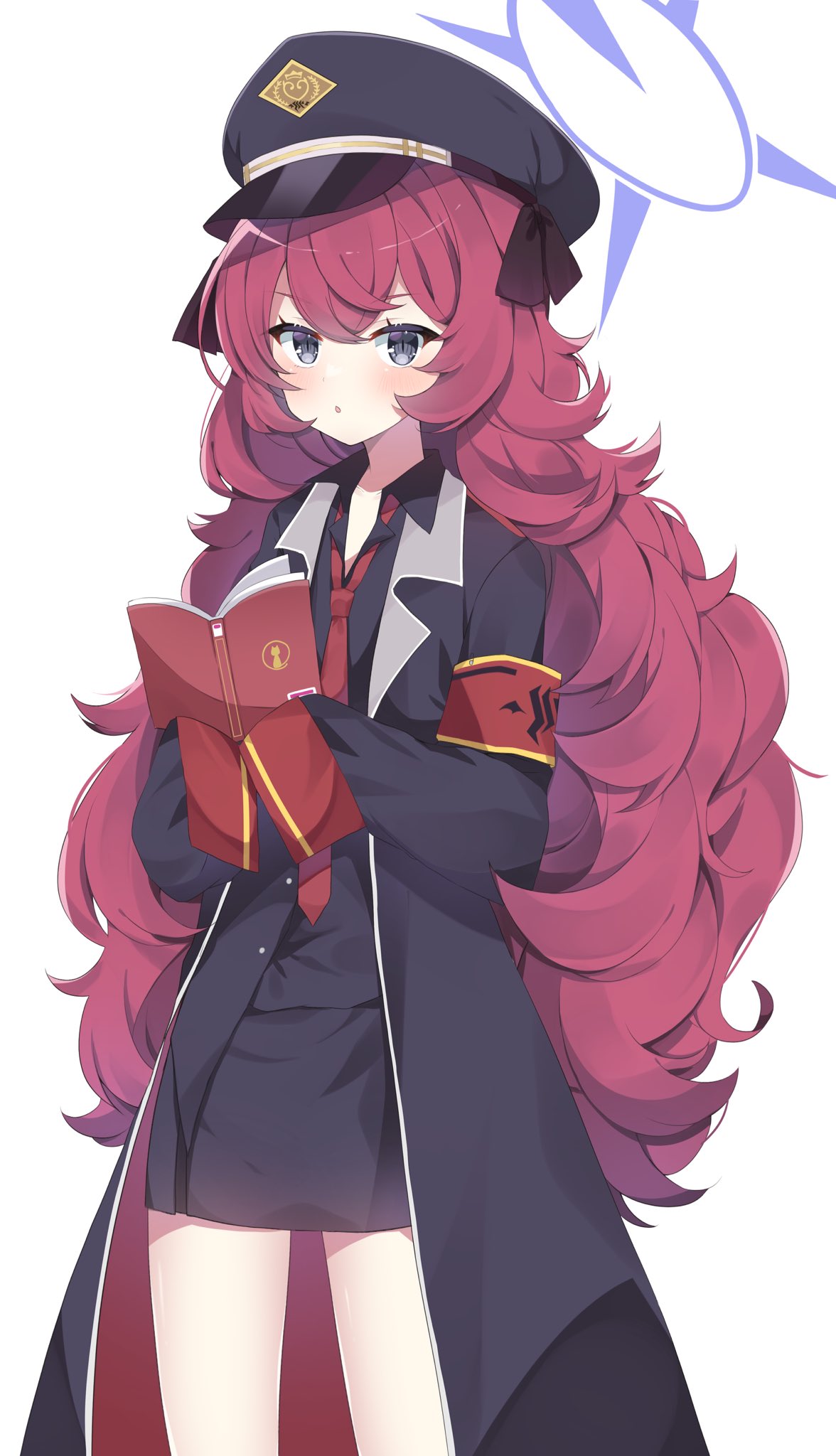 1girl, armband, blue_archive, blush, book, breasts, hair_between_eyes, halo