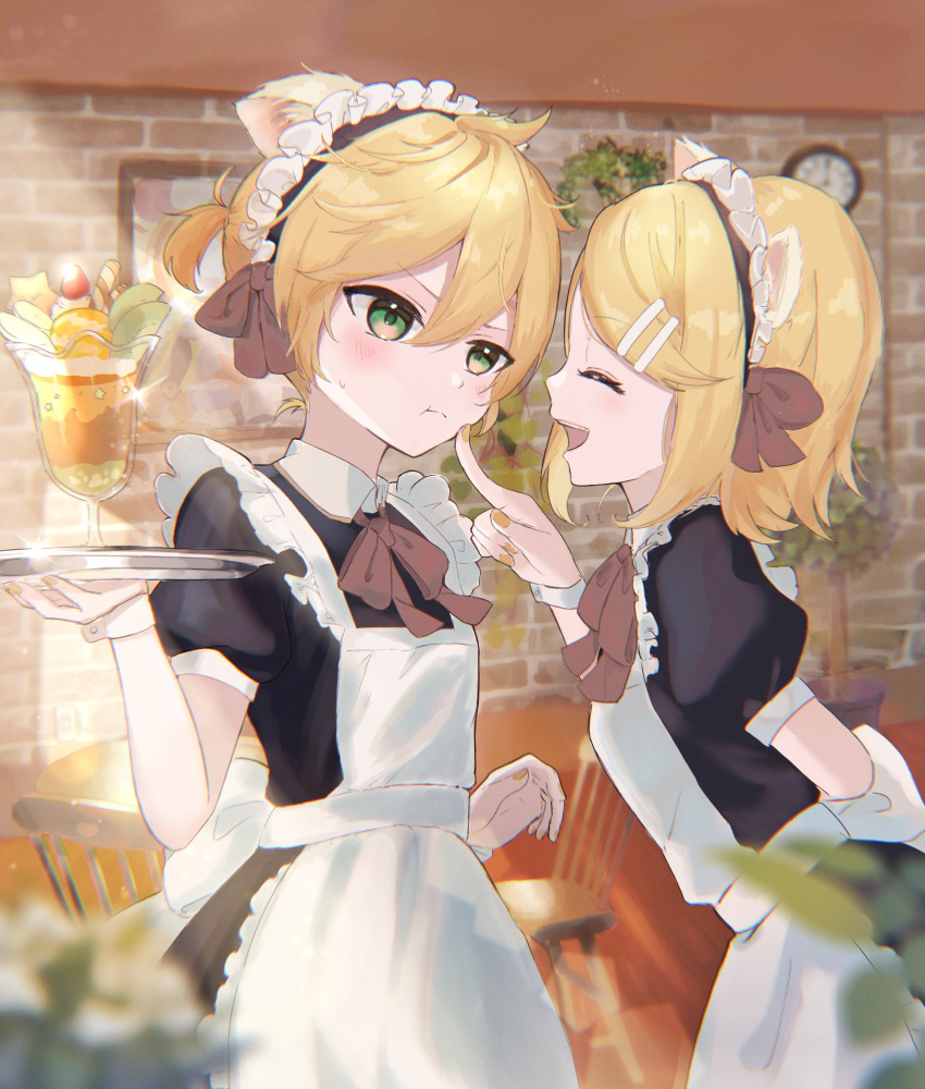 ahoge, alternate_costume, angry, animal_ears, annoyed, apron, bangs, black_dress, blonde_hair, blurry, blurry_foreground, blush, brick_wall, cafeteria, cat_ears, chair, cheek_poking, clock, closed_eyes, crossdressing, depth_of_field, dessert, dress, enmaided, eyebrows_visible_through_hair, flat_chest, food, frilled_apron, frills, green_eyes, hair_between_eyes, hair_ornament, hairclip, highres, holding, holding_plate, kagamine_len, kagamine_rin, kanato_1227, light_rays, maid, maid_apron, maid_headdress, open_mouth, plate, poking, pout, puffy_cheeks, short_ponytail, skinny, skirt, smile, sunbeam, sunlight, swept_bangs, teasing, vocaloid, wall_clock, wrist_cuffs, yellow_nails