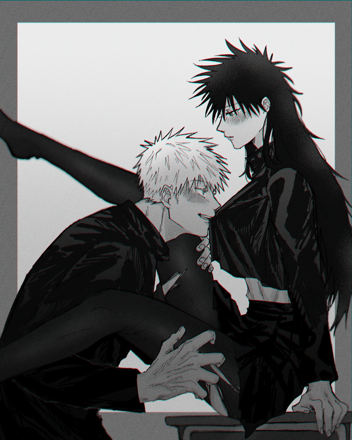 1boy, 1girl, bangs, biting, biting_clothes, black_hair, blue_eyes, blush