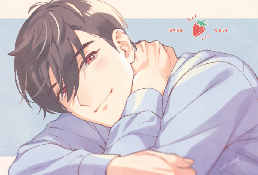 1boy, bangs, black_hair, blue_background, blue_jacket, blue_shirt, blush, bow