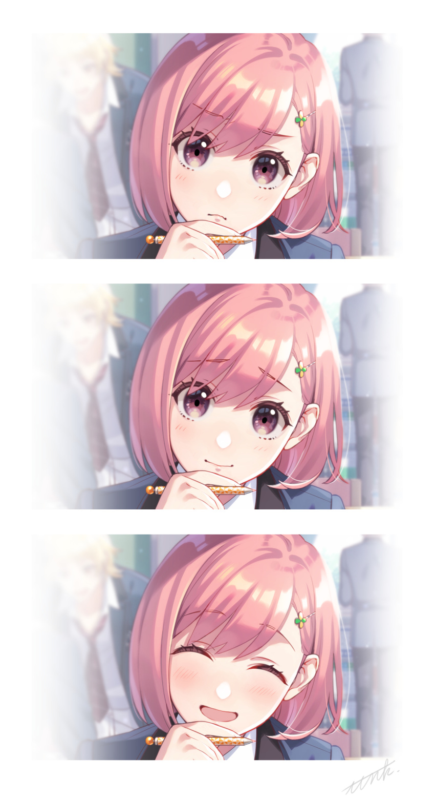 1girl, 3boys, ^_^, absurdres, bangs, blazer, blonde_hair, blue_hair