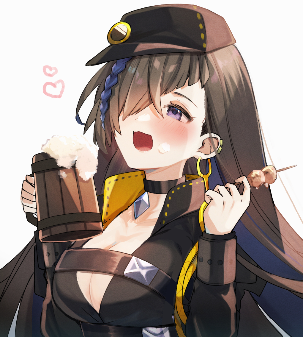 1girl, bangs, blue_hair, blush, braid, breasts, brown_hair, chest_belt
