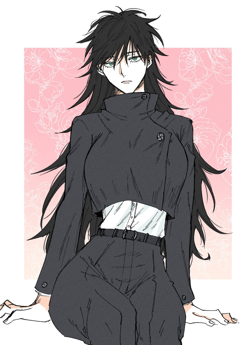 1girl, arms_at_sides, bangs, belt, black_hair, black_jacket, black_skirt, border