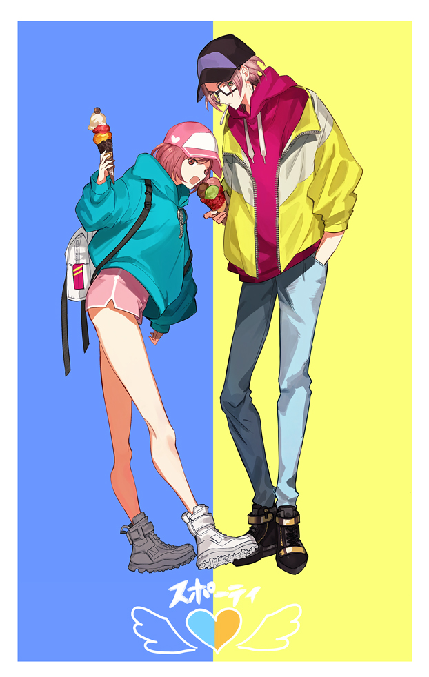 1boy, 1girl, a082, aqua_hoodie, backpack, bag, bangs, baseball_cap