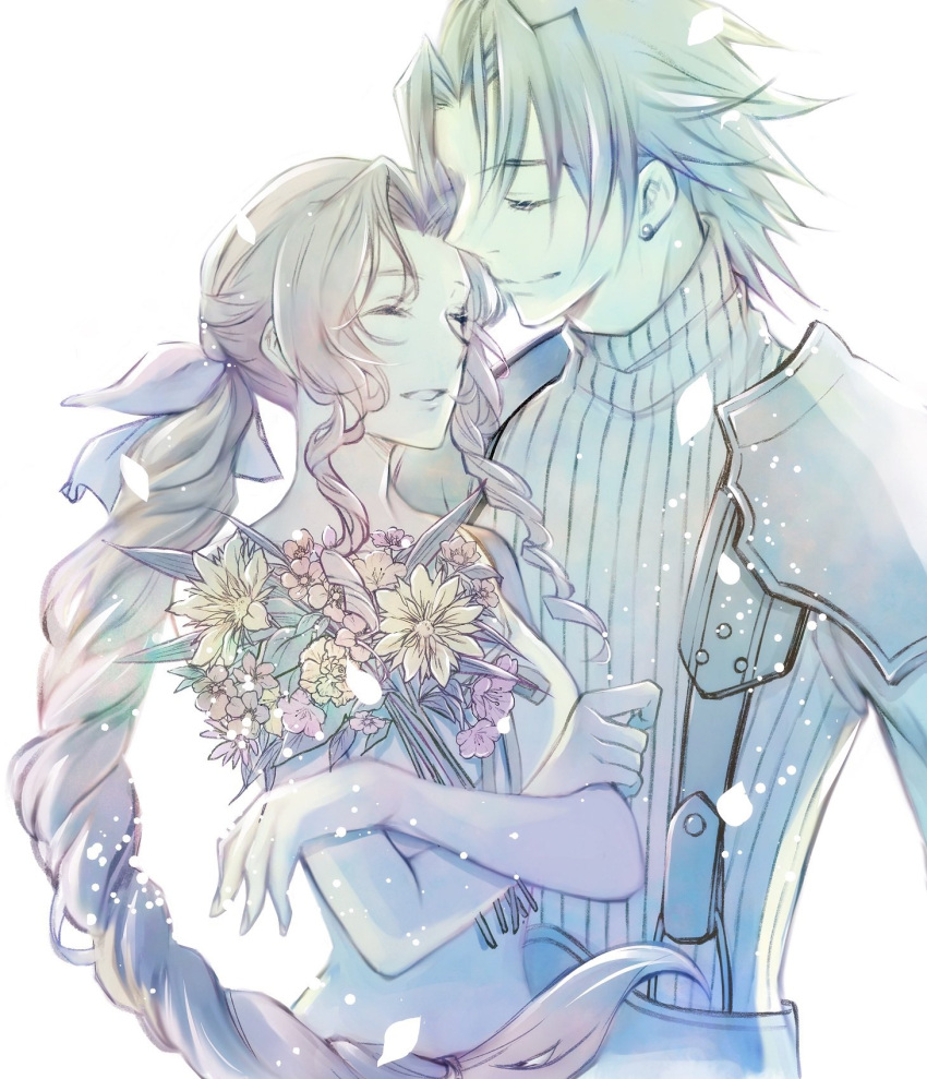 1boy, 1girl, aerith_gainsborough, armor, braid, braided_ponytail, closed_eyes, couple, crisis_core_final_fantasy_vii, dress, earrings, final_fantasy, final_fantasy_vii, flower, highres, jewelry, long_hair, petals, quichi_91, shoulder_armor, single_braid, sleeveless, sleeveless_turtleneck, smile, spiky_hair, turtleneck, white_background, white_dress, zack_fair