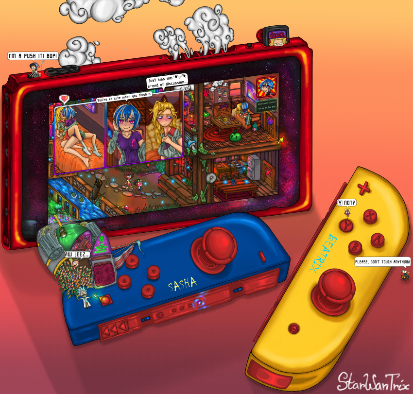 absurdres, amphibia, anne_boonchuy, barefoot, blush, controller, crossover, dialogue_box
