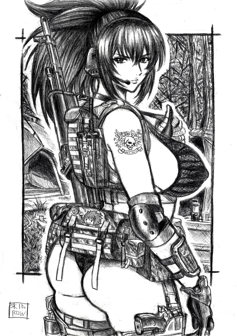 1girl, ass, assault_rifle, breasts, elbow_pads, gloves, greyscale, gun
