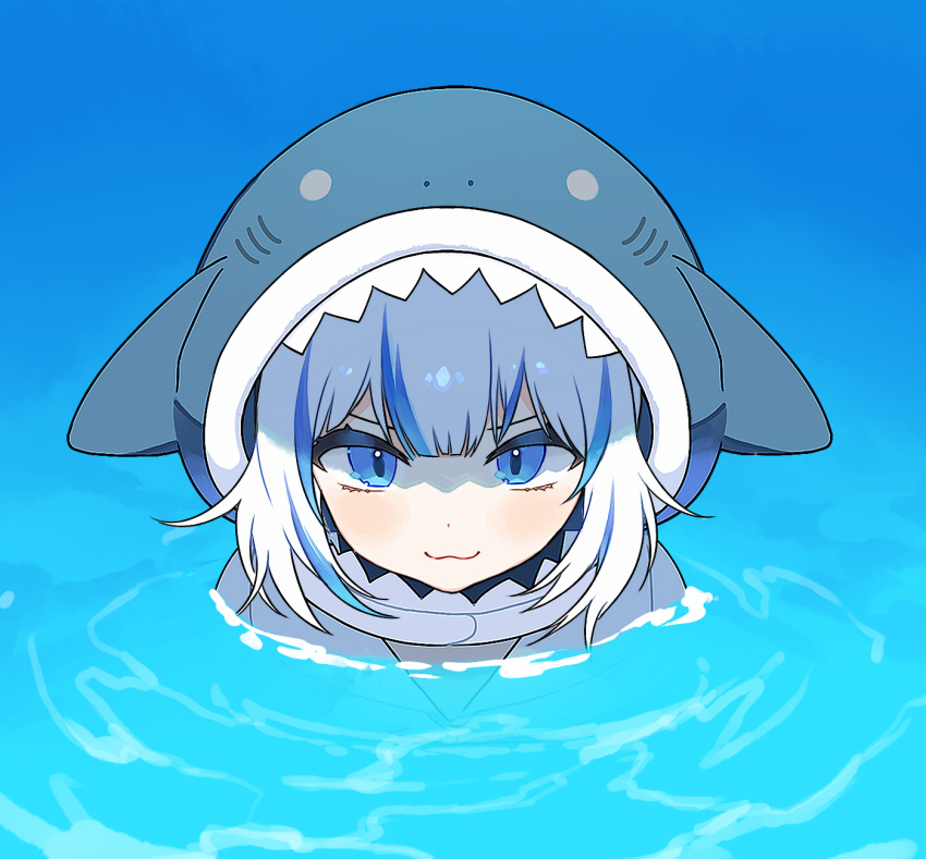 1girl, :3, animal_hood, blue_eyes, blush, closed_mouth, gawr_gura, highres