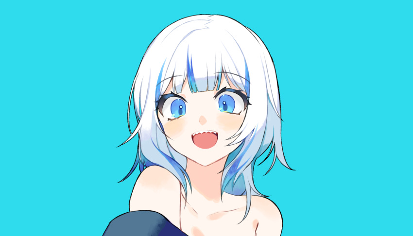 1girl, :d, blue_background, blue_eyes, blue_hair, blue_theme, blush, gawr_gura