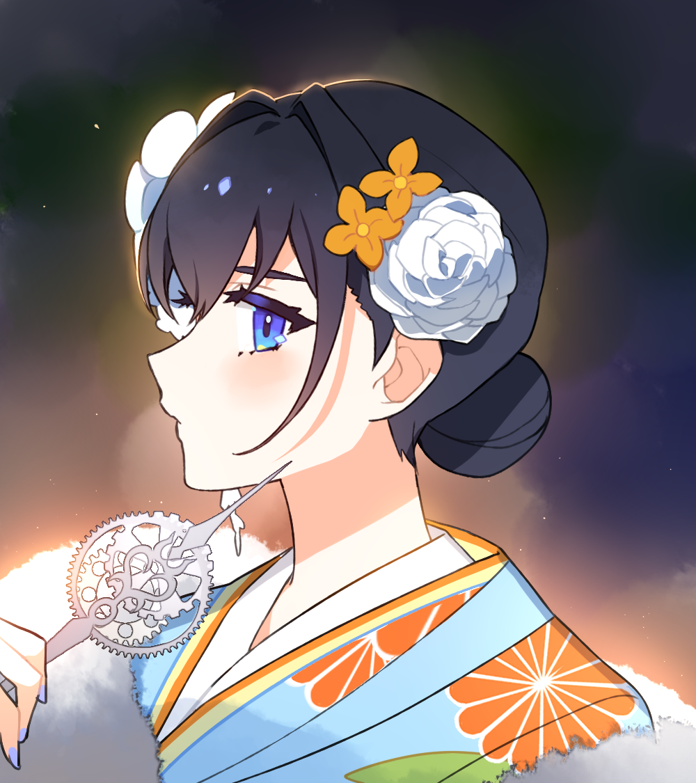1girl, black_hair, blue_eyes, blue_kimono, blurry, blurry_background, closed_mouth, depth_of_field