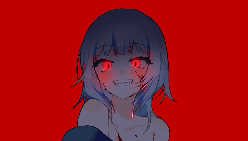 1girl, blood, blood_on_face, dark_persona, gawr_gura, glowing, glowing_eyes, grin