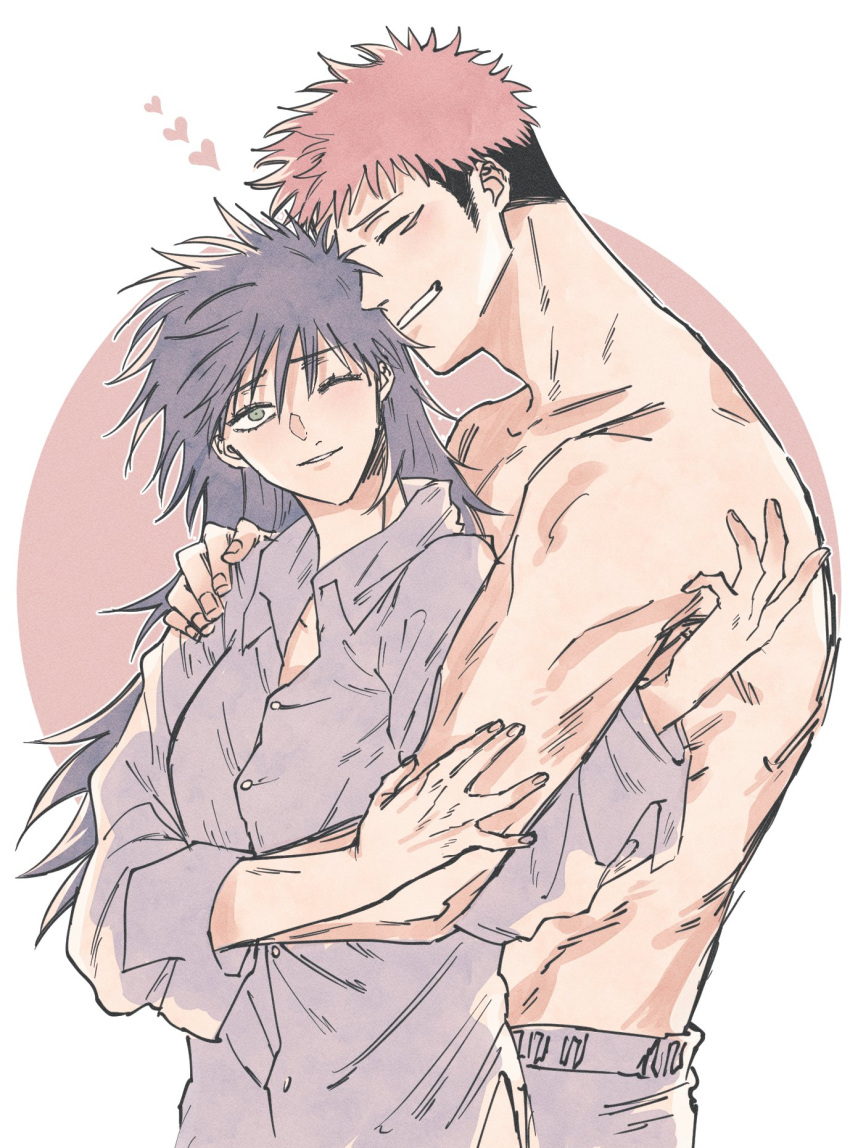 1boy, 1girl, bangs, black_hair, blush, borrowed_garments, breasts, closed_eyes