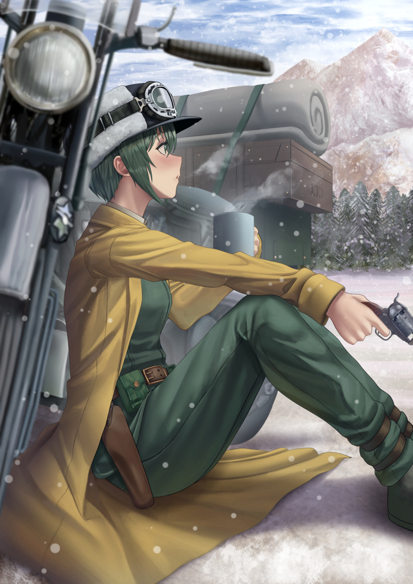 1girl, androgynous, bedroll, belt, belt_buckle, belt_pouch, black_footwear, blush, boots, breasts, breath, brown_belt, buckle, clouds, cloudy_sky, coat, commentary, cup, dress_shirt, finger_on_trigger, foreshortening, from_side, fur_hat, goggles, goggles_on_head, goggles_on_headwear, green_eyes, green_hair, green_jacket, green_pants, ground_vehicle, gun, hat, hermes_(kino_no_tabi), highres, holding, holding_cup, holding_gun, holding_weapon, holster, jacket, kino_(kino_no_tabi), kino_no_tabi, knees_up, looking_afar, motor_vehicle, motorcycle, mountain, mug, nose_blush, on_ground, pants, pine_tree, pouch, revolver, saddlebags, shirt, short_hair, silvertsuki, sitting, sky, small_breasts, snow, snowing, solo, steam, suitcase, tomboy, tree, ushanka, weapon, white_shirt, yellow_coat
